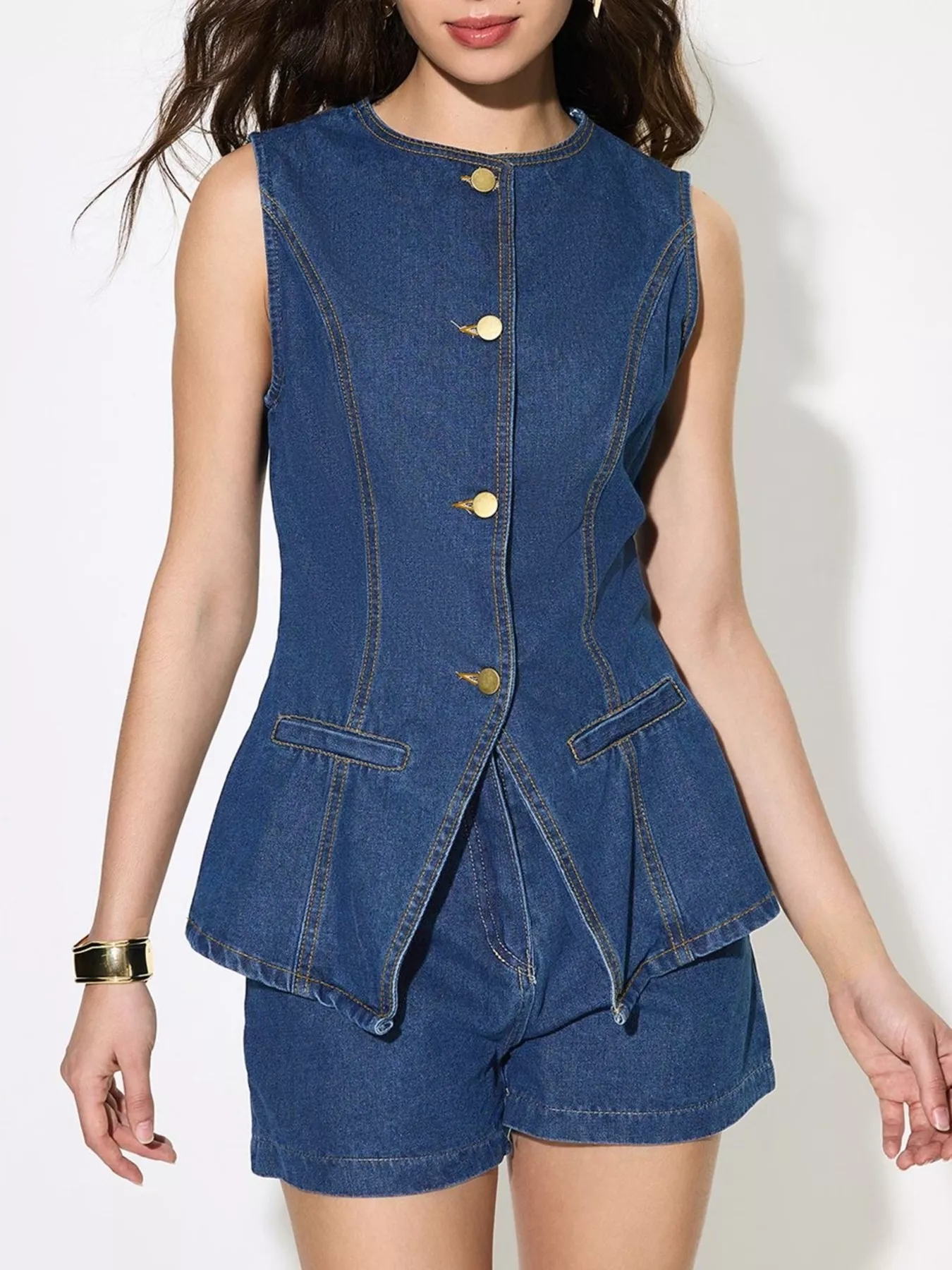 Button Up Sleeveless Denim Top and Shorts Set - Image 3