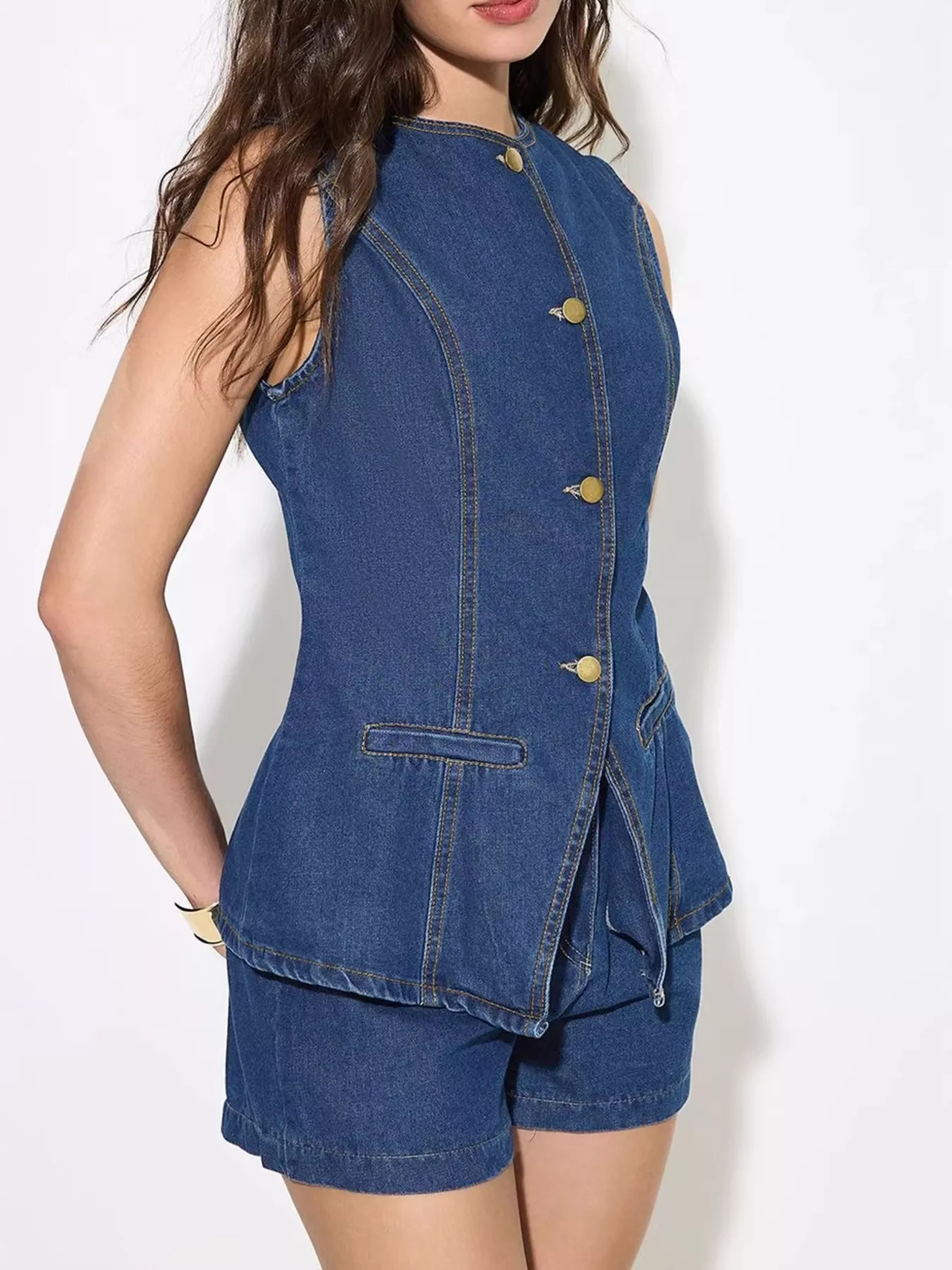 Button Up Sleeveless Denim Top and Shorts Set - Image 4