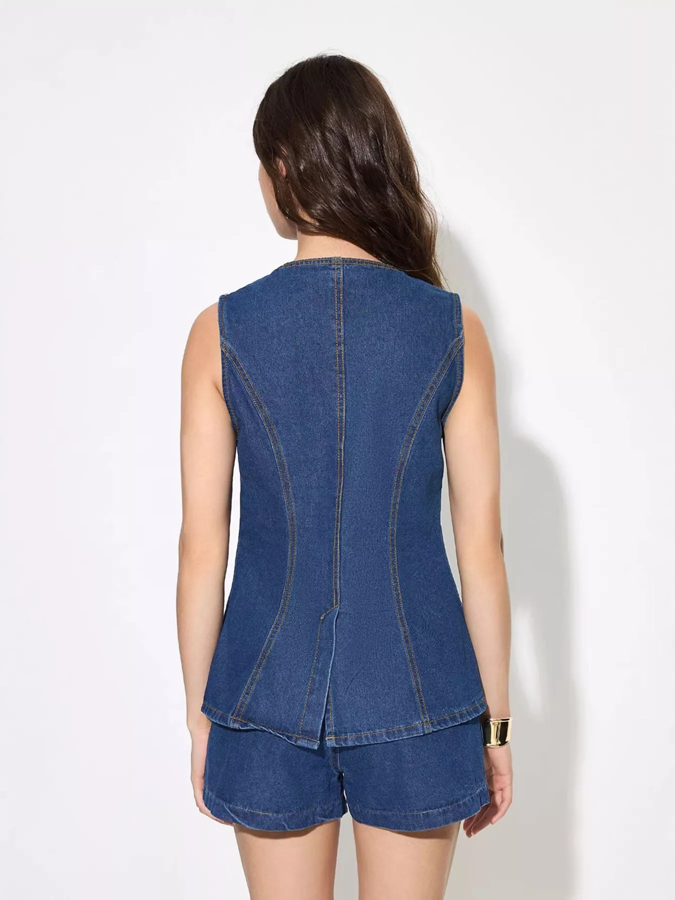 Button Up Sleeveless Denim Top and Shorts Set - Image 9