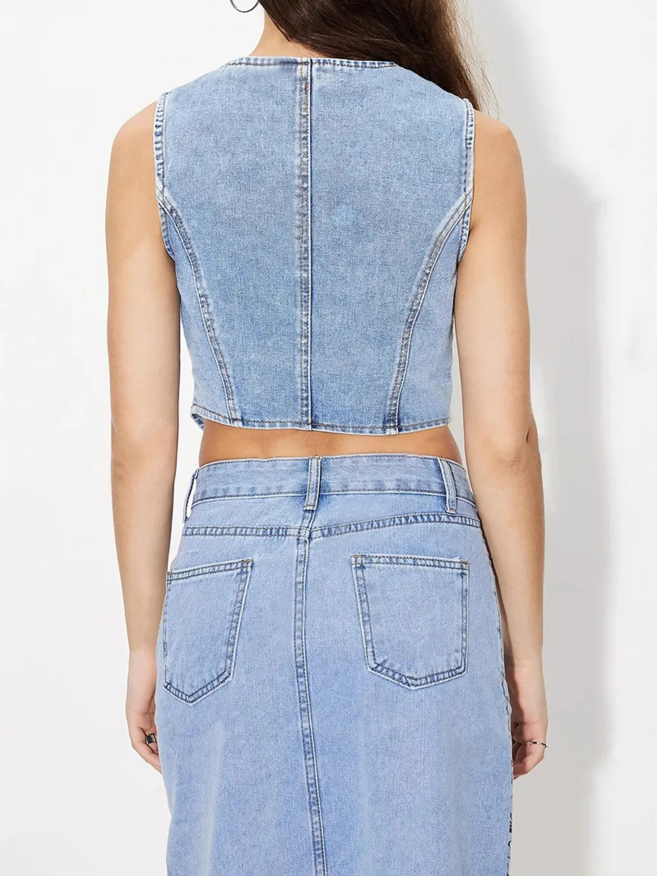 Button-Up Sleeveless Denim Vest - Image 2
