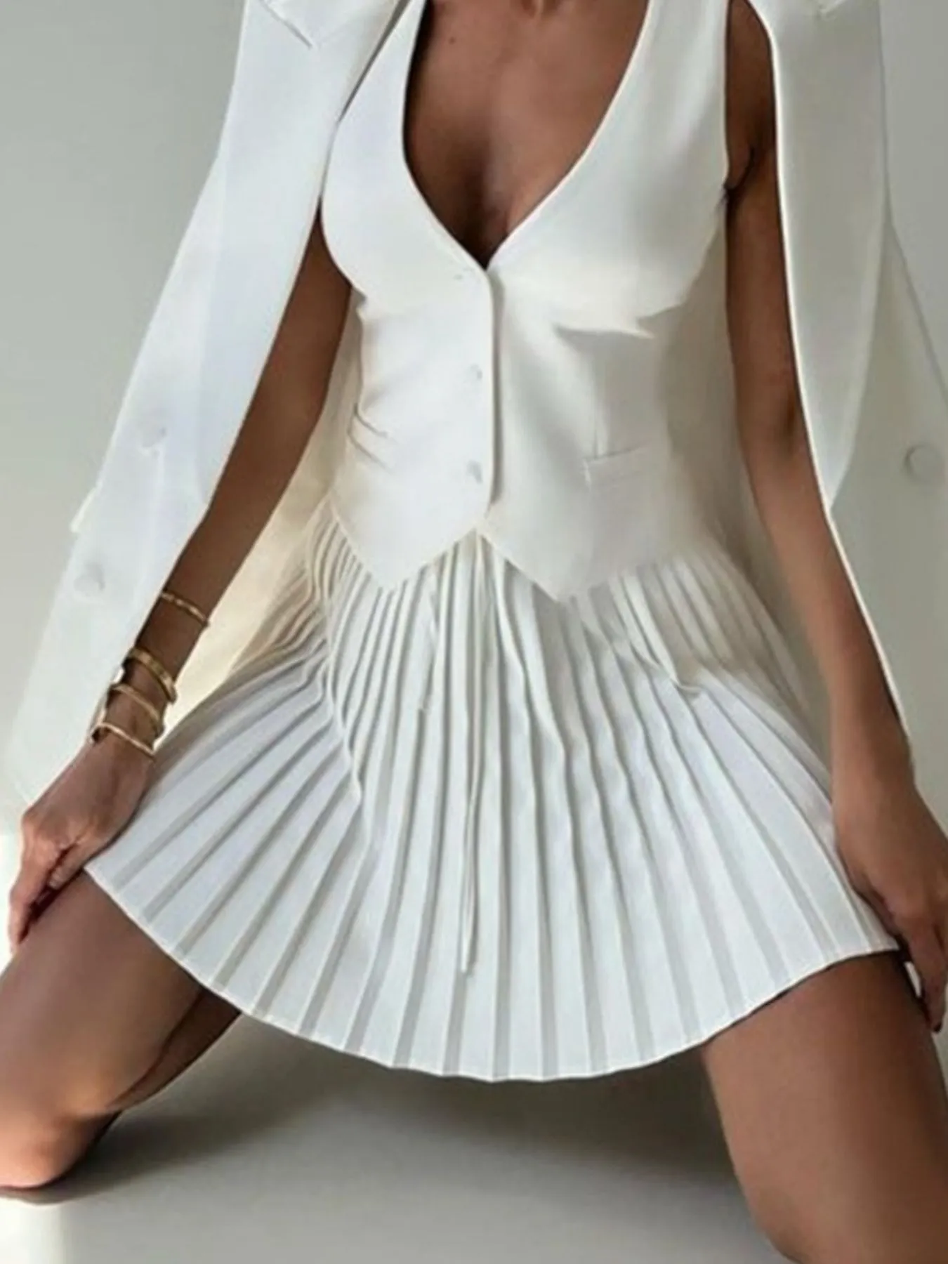 Button Up Vest and Pleated Mini Skirt Set - Image 6
