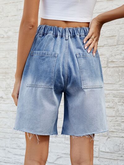 Buttoned Raw Hem Denim Shorts with Pockets - Image 2