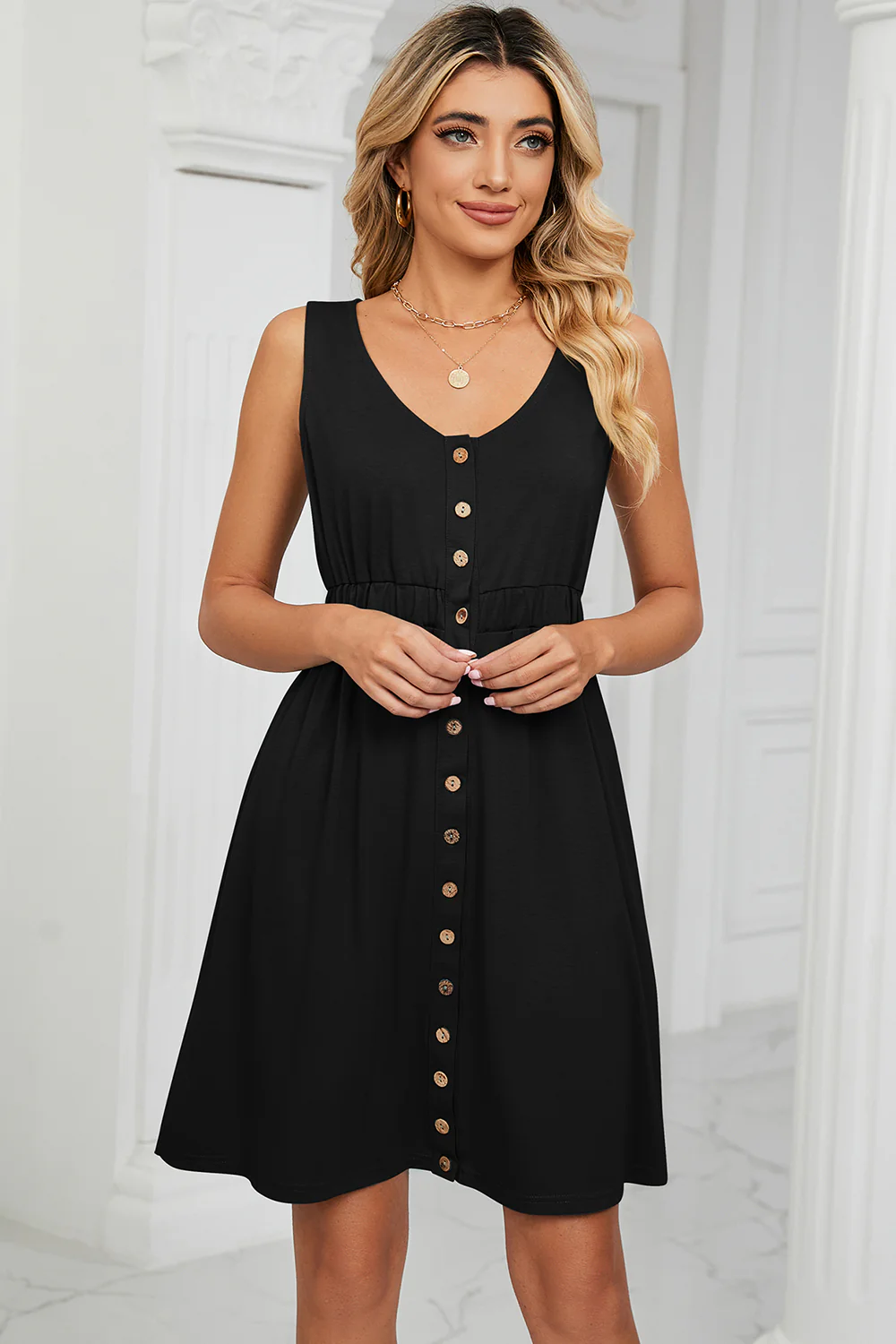 Buttoned Wide Strap Mini Dress - Image 21