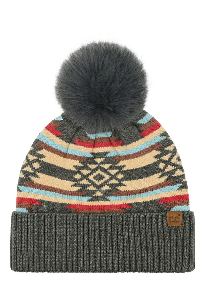 C.C Aztec Pattern Pom Cuff Beanie - Image 5