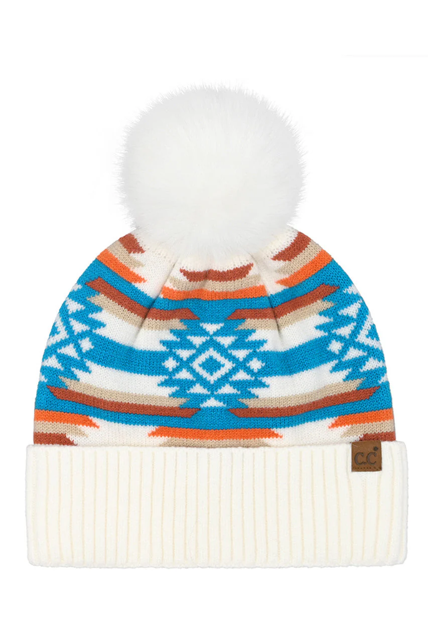C.C Aztec Pattern Pom Cuff Beanie - Image 6