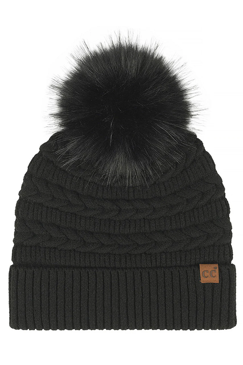 C.C Braided Pattern Faux Fur Pom Solid Beanie