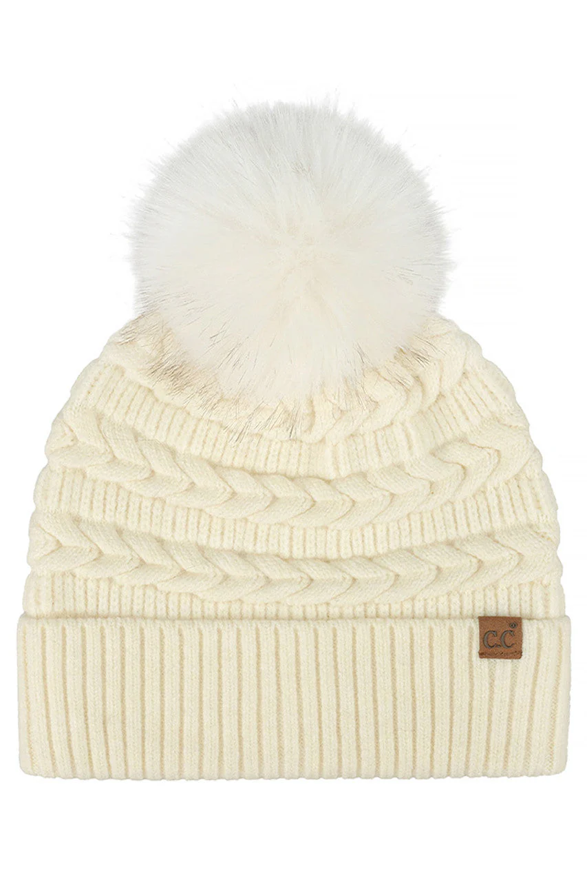 C.C Braided Pattern Faux Fur Pom Solid Beanie - Image 3