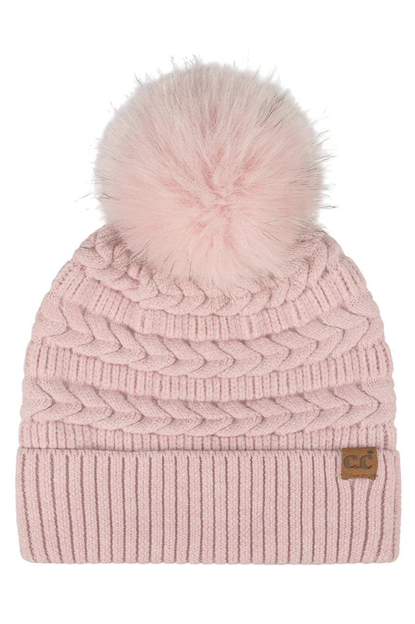 C.C Braided Pattern Faux Fur Pom Solid Beanie - Image 5