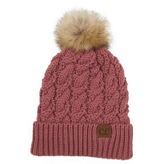 C.C Cable Ribbed Beanie Natural Plush Faux Fur Pom Pom Hat - Image 14