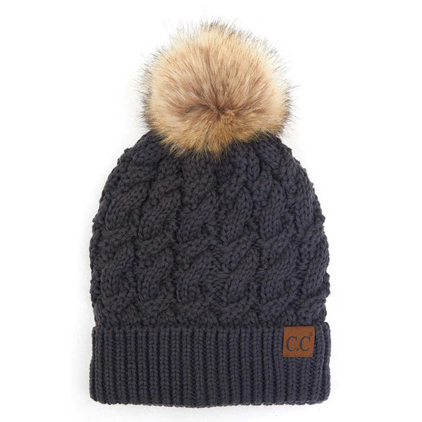 C.C Cable Ribbed Beanie Natural Plush Faux Fur Pom Pom Hat - Image 2