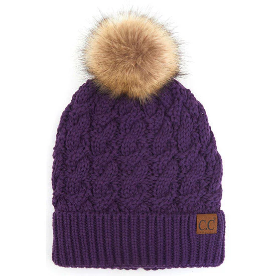 C.C Cable Ribbed Beanie Natural Plush Faux Fur Pom Pom Hat - Image 3