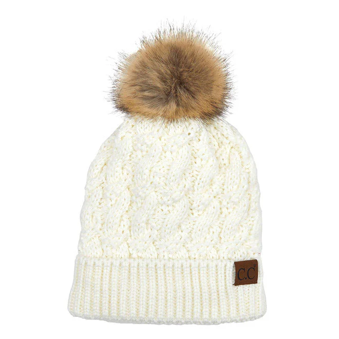 C.C Cable Ribbed Beanie Natural Plush Faux Fur Pom Pom Hat - Image 4