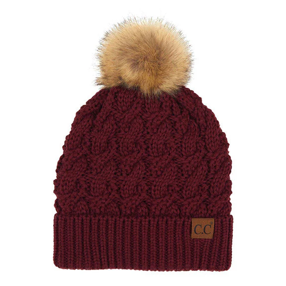 C.C Cable Ribbed Beanie Natural Plush Faux Fur Pom Pom Hat - Image 5