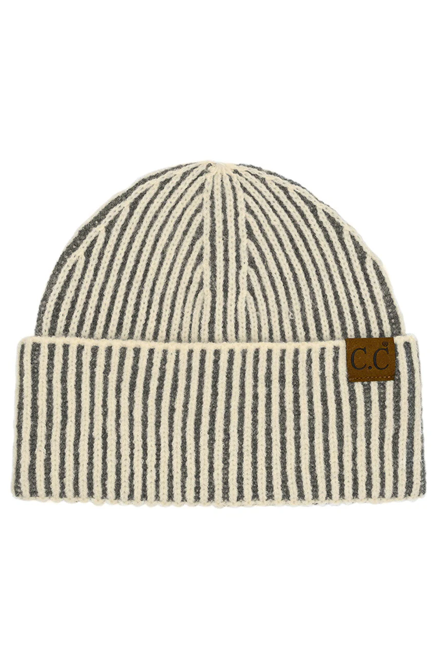 C.C Contrast Color Stripes Cuff Beanie - Image 4