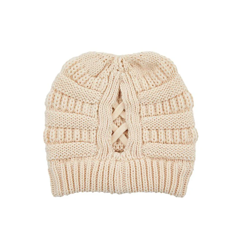 C.C CRISS CROSS PONYTAIL KNIT BEANIE - Image 5