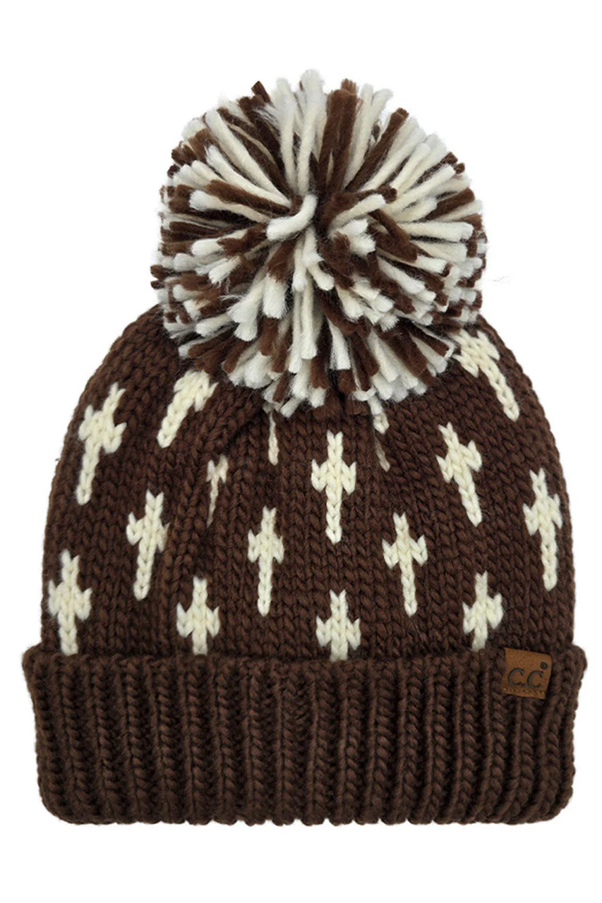 C.C Cross Pattern All Over Yarn Big Pom Beanie - Image 2
