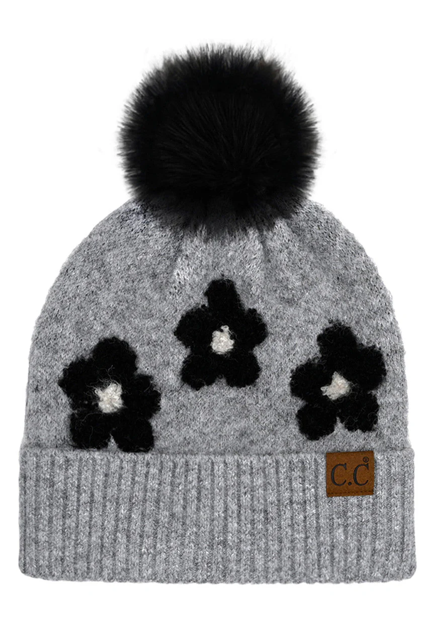 C.C Daisy Pattern Beanie with Pom - Image 4