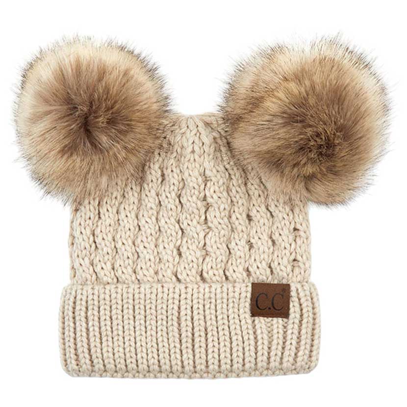 C.C Double Pom Pom All Over Cable Knit Beanie