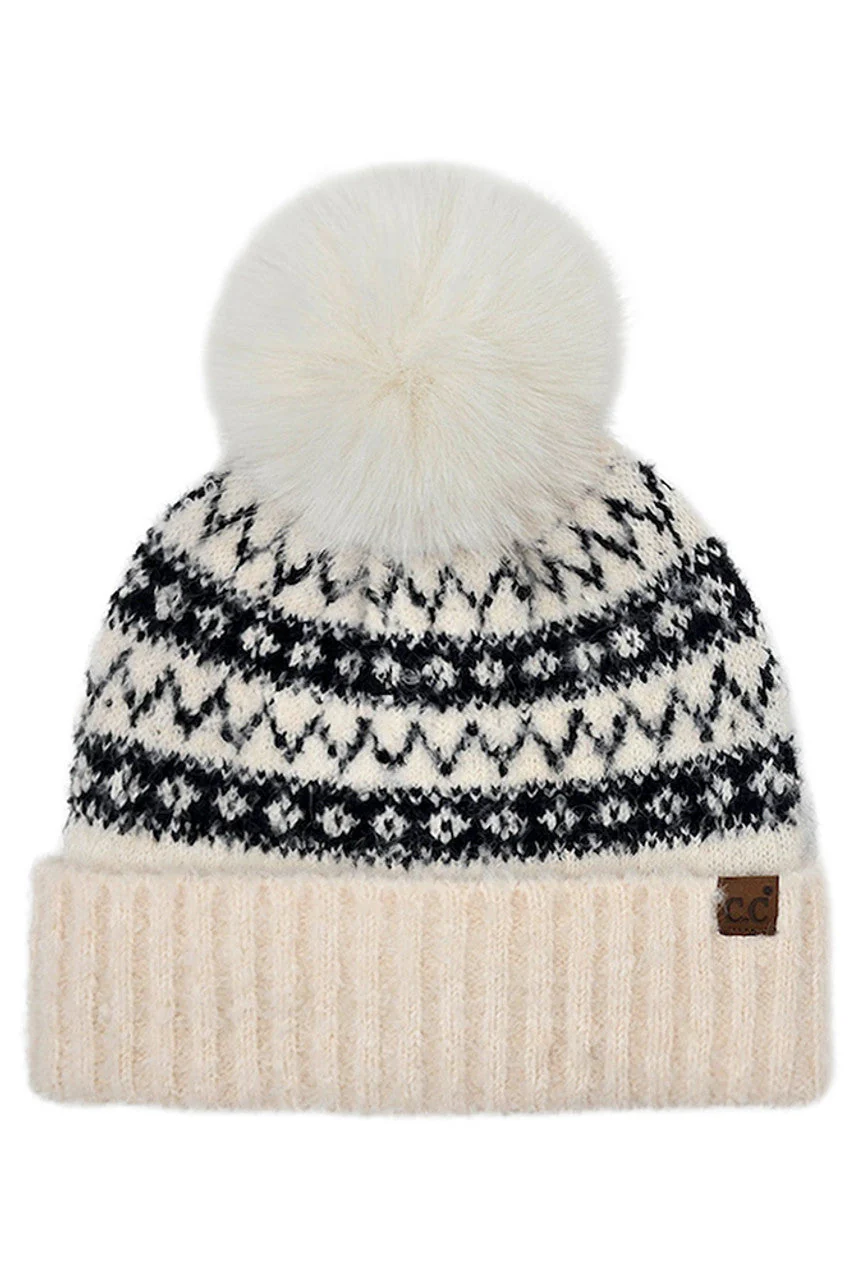 C.C Fair Isle with Solid Faux Fur Pom Beanie