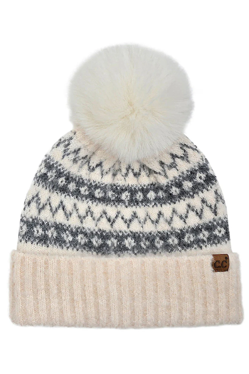 C.C Fair Isle with Solid Faux Fur Pom Beanie - Image 4