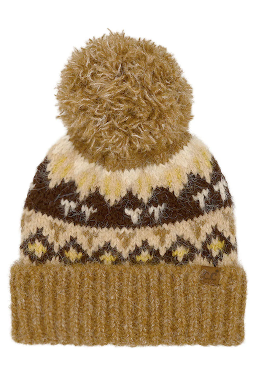 C.C Geometric Pattern Yarn Pom Beanie - Image 2