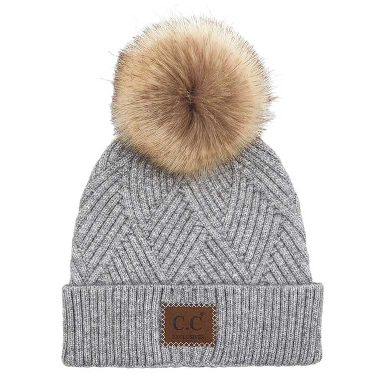 C.C Heather Beanie Hat With Pom Pom And Suede Patch - Image 13