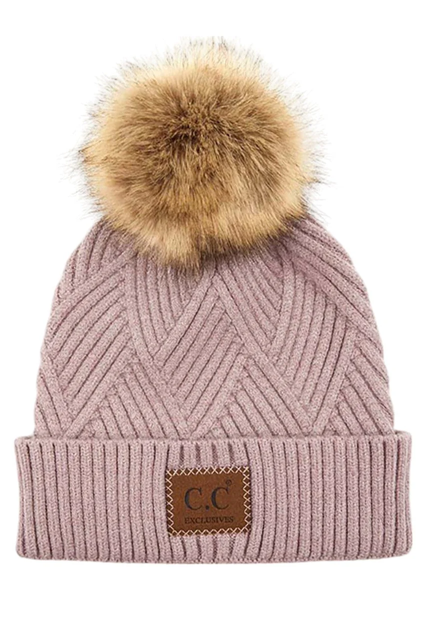 C.C Heather Beanie Hat With Pom Pom And Suede Patch - Image 20