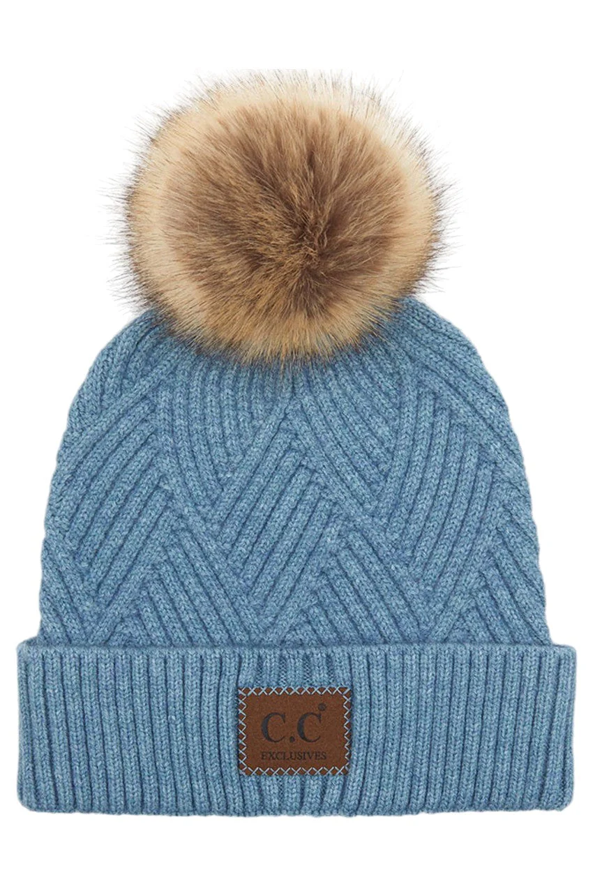 C.C Heather Beanie Hat With Pom Pom And Suede Patch - Image 26