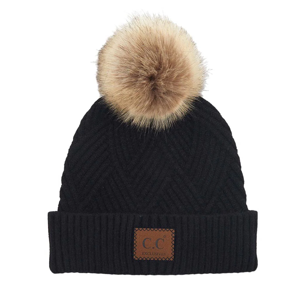 C.C Heather Beanie Hat With Pom Pom And Suede Patch - Image 3