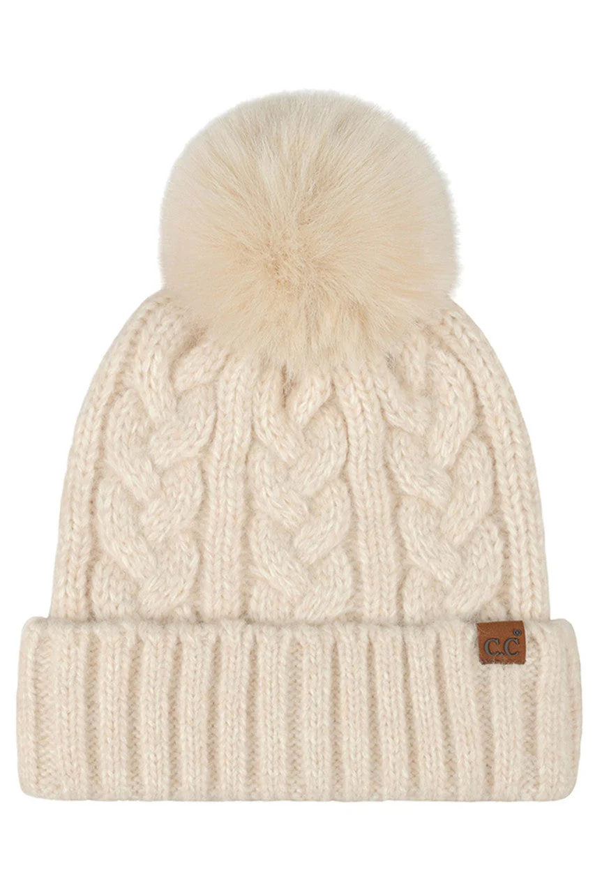 C.C Heather Cable with Satin Lining Pom Beanie