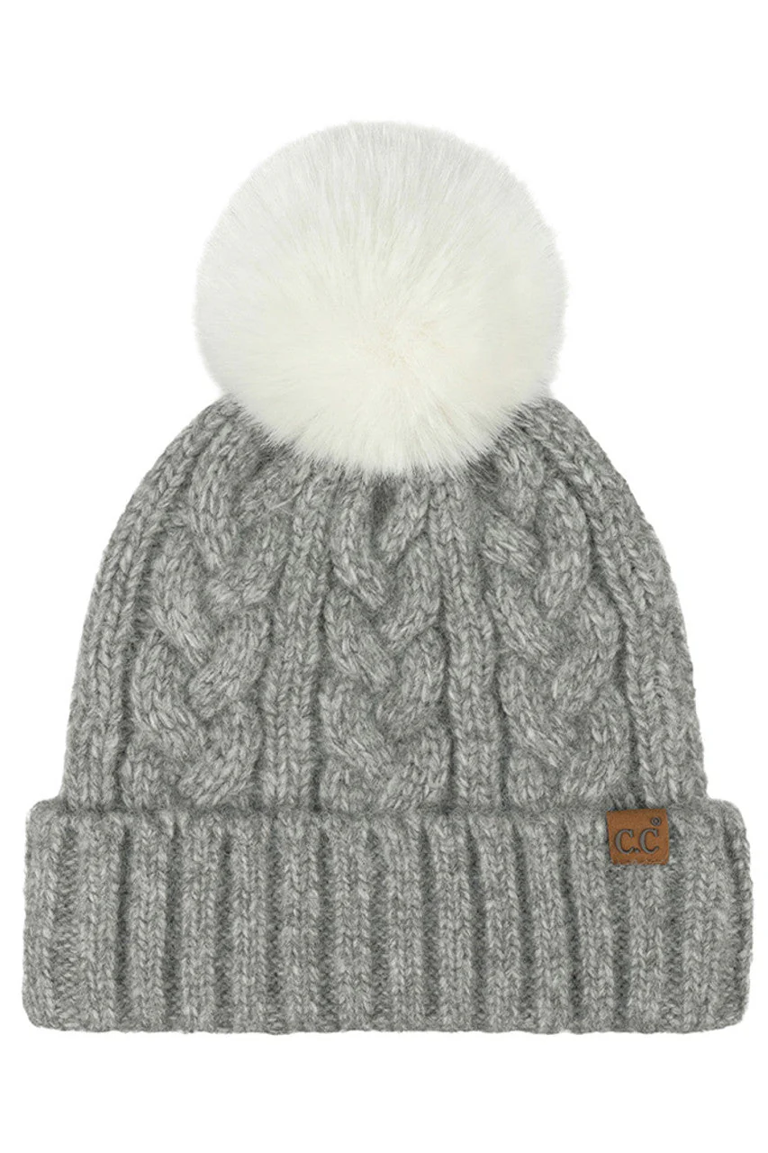 C.C Heather Cable with Satin Lining Pom Beanie - Image 3