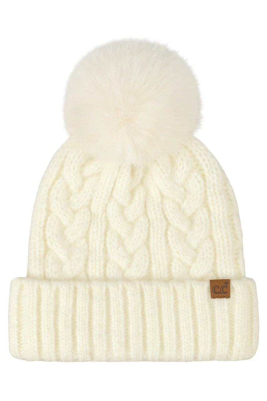 C.C Heather Cable with Satin Lining Pom Beanie - Image 4