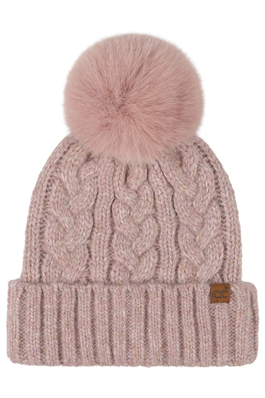 C.C Heather Cable with Satin Lining Pom Beanie - Image 5