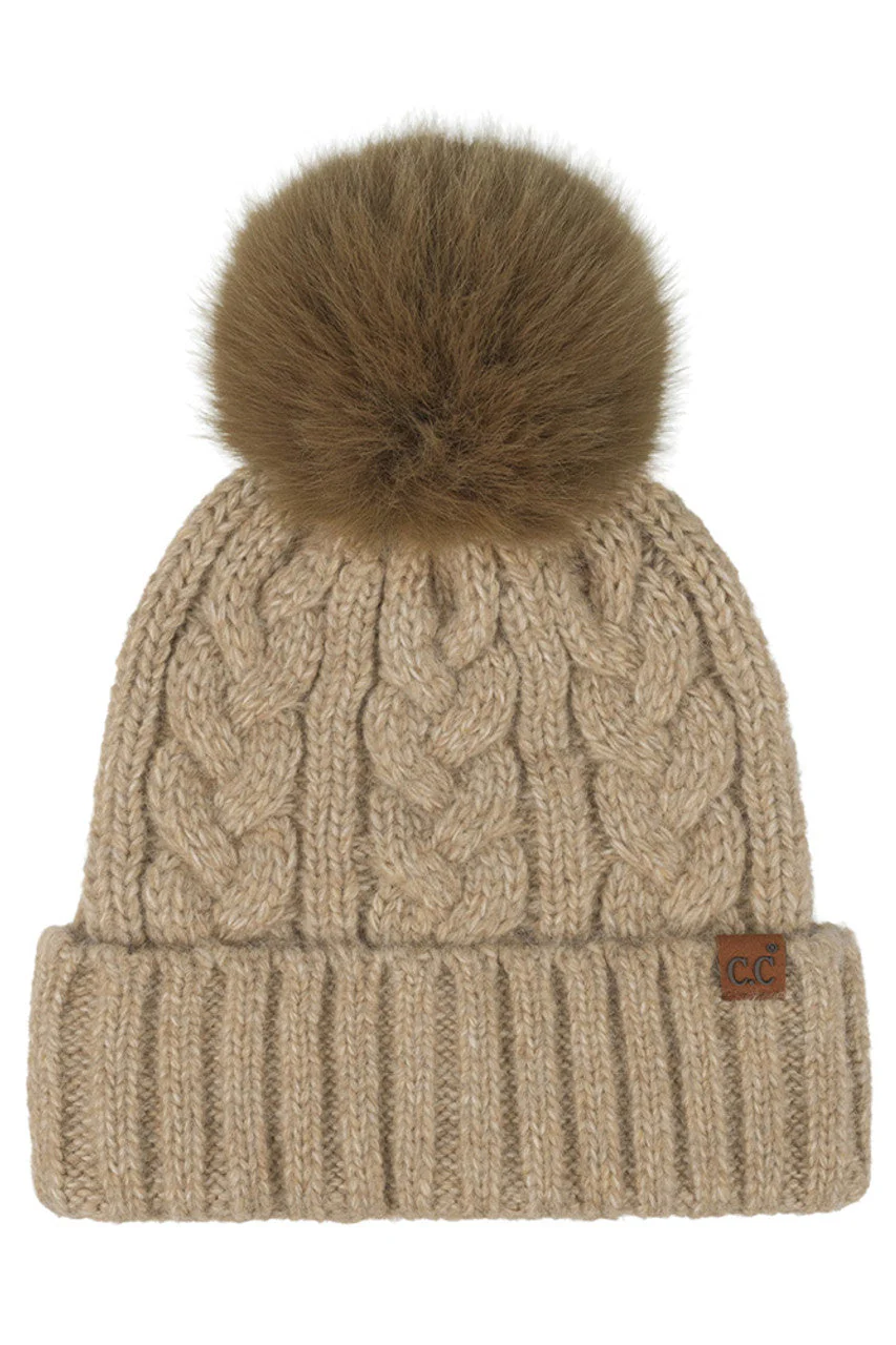 C.C Heather Cable with Satin Lining Pom Beanie - Image 6