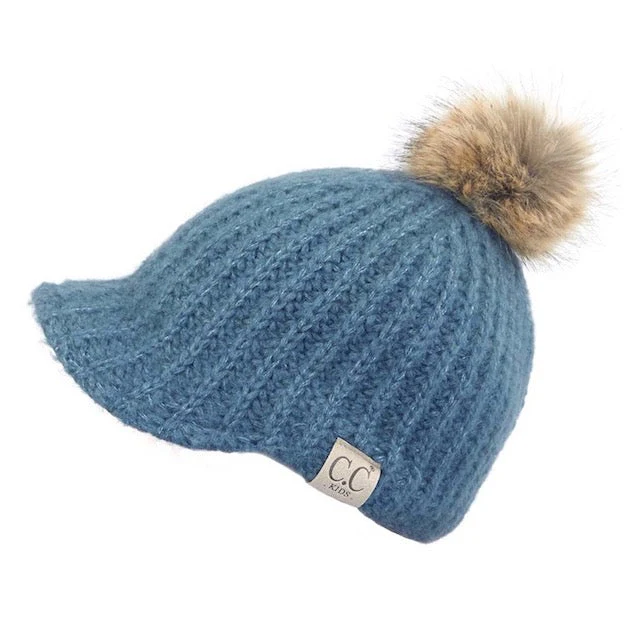 C.C Kids Cable Knitted Brim Beanie Faux Fur Pom Pom Hat - Image 10
