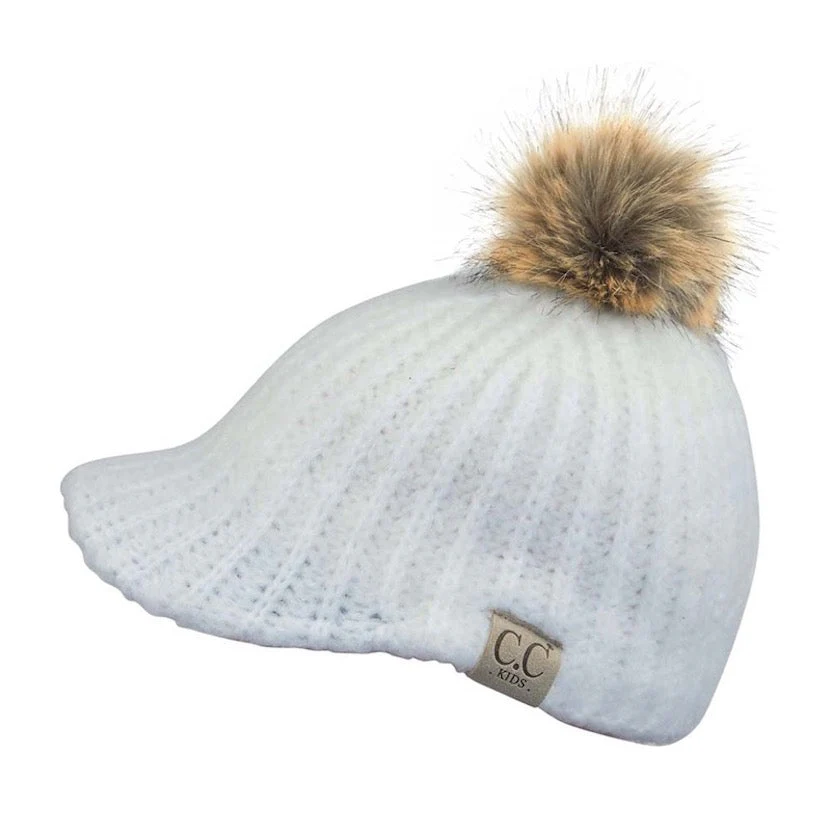 C.C Kids Cable Knitted Brim Beanie Faux Fur Pom Pom Hat - Image 6