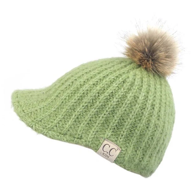 C.C Kids Cable Knitted Brim Beanie Faux Fur Pom Pom Hat - Image 8