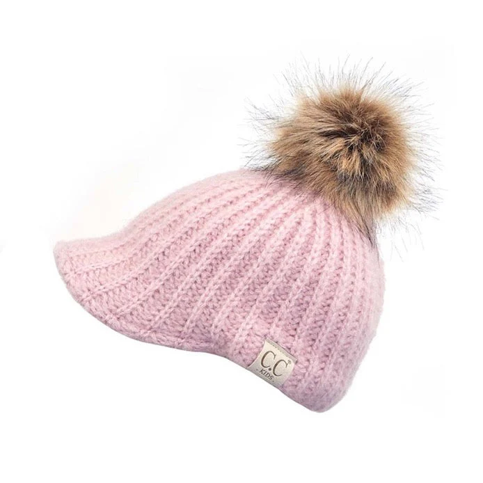 C.C Kids Cable Knitted Brim Beanie Faux Fur Pom Pom Hat - Image 9