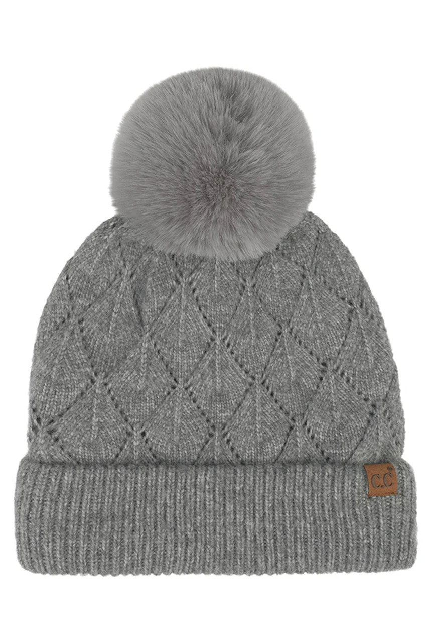 C.C Leaf Pattern Faux Fur Pom Solid Beanie - Image 4