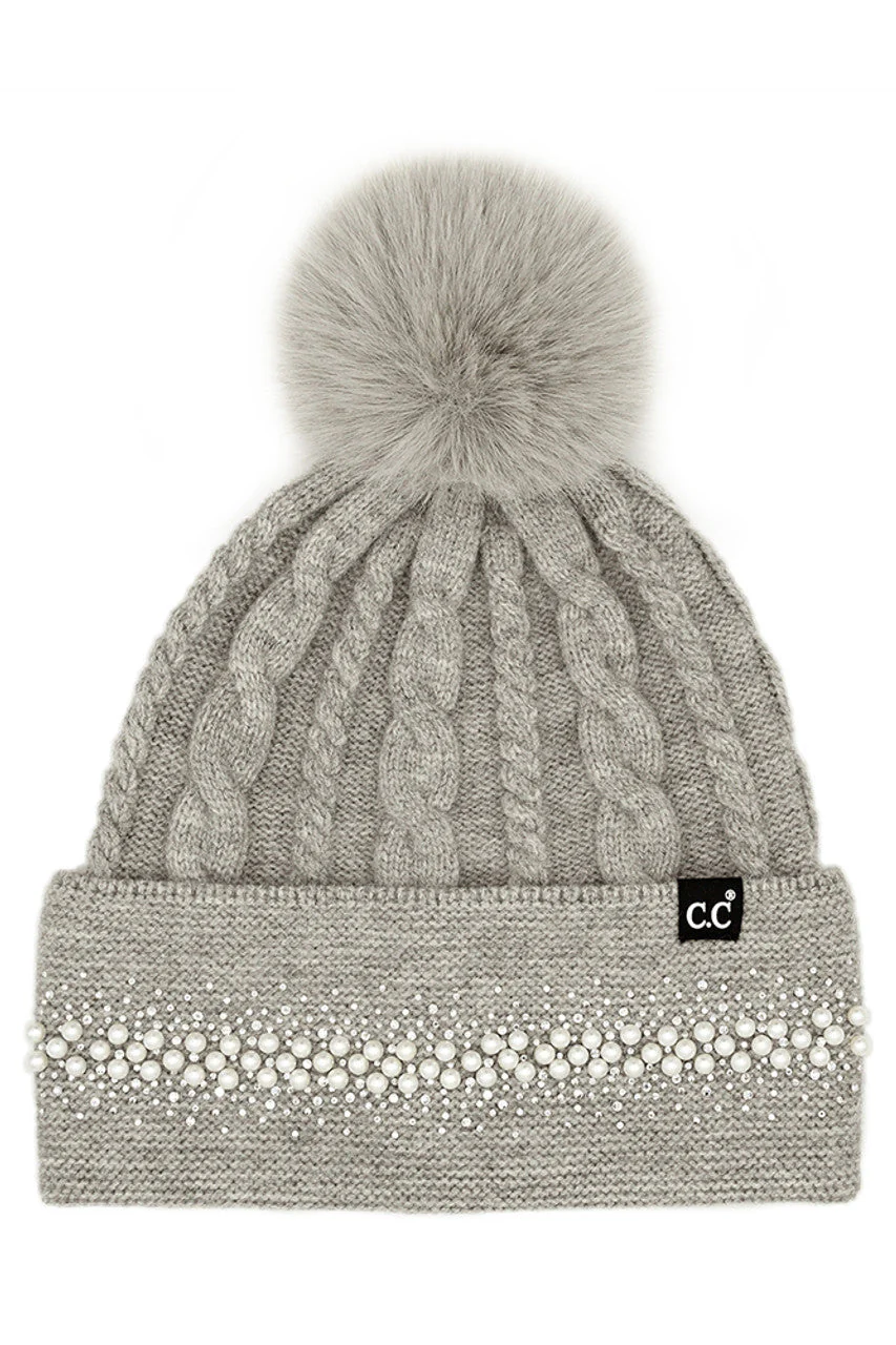 C.C Pearl Rhinestone Embellishment Beanie with Fur Pom - Image 3