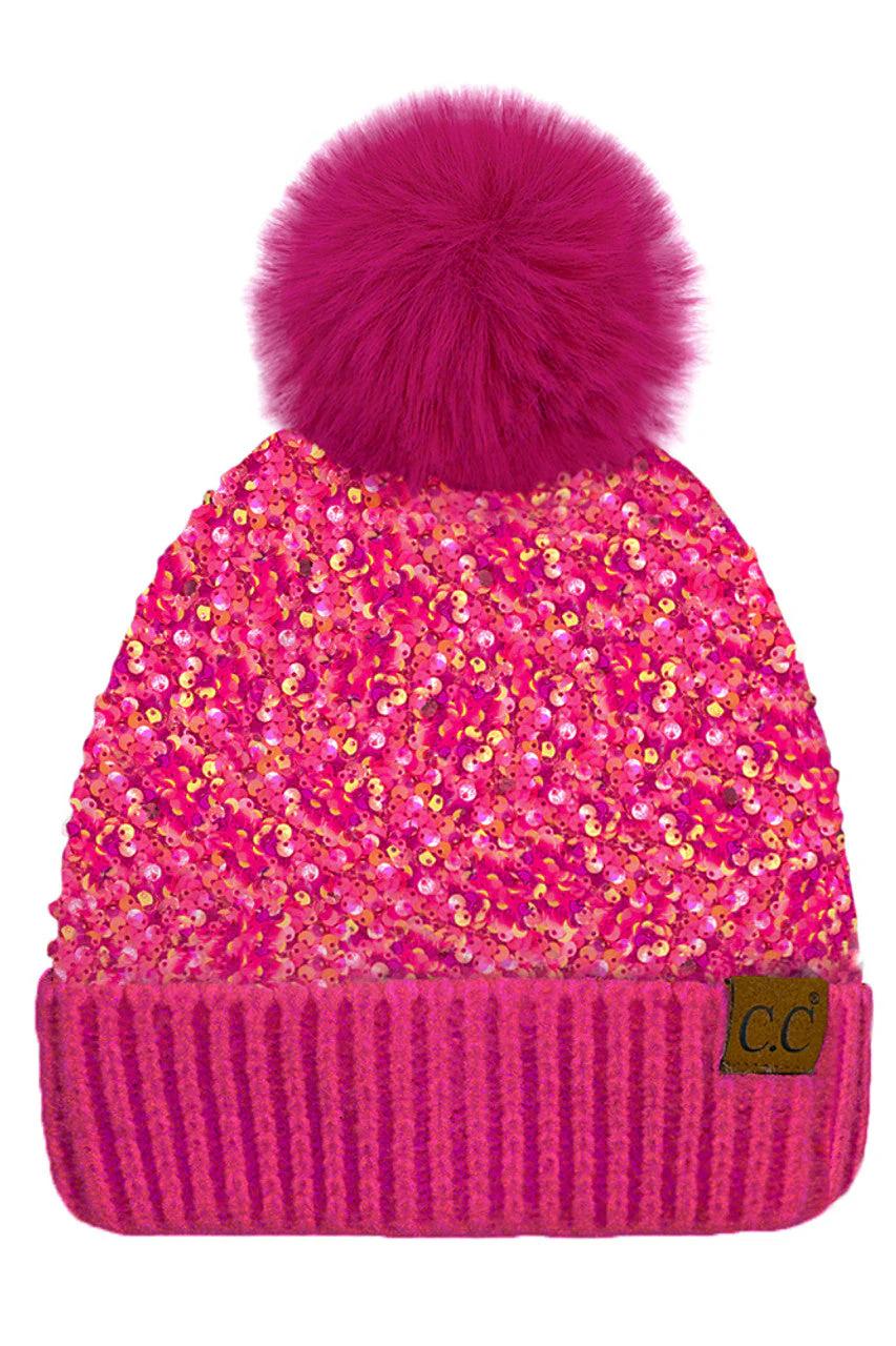 C.C Sequin Fur Pom Beanie - Image 3