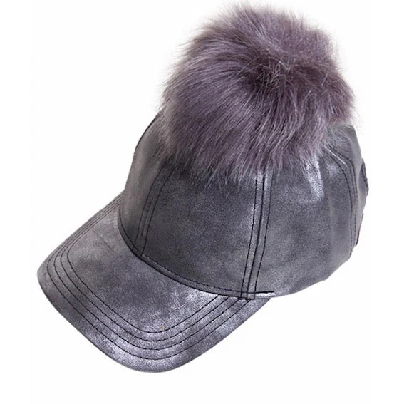 C.C Vintage Faux Leather Pom Pom Ponytail Baseball Cap Hat - Image 4