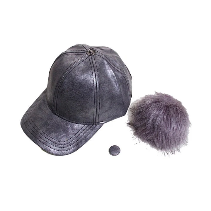 C.C Vintage Faux Leather Pom Pom Ponytail Baseball Cap Hat - Image 5