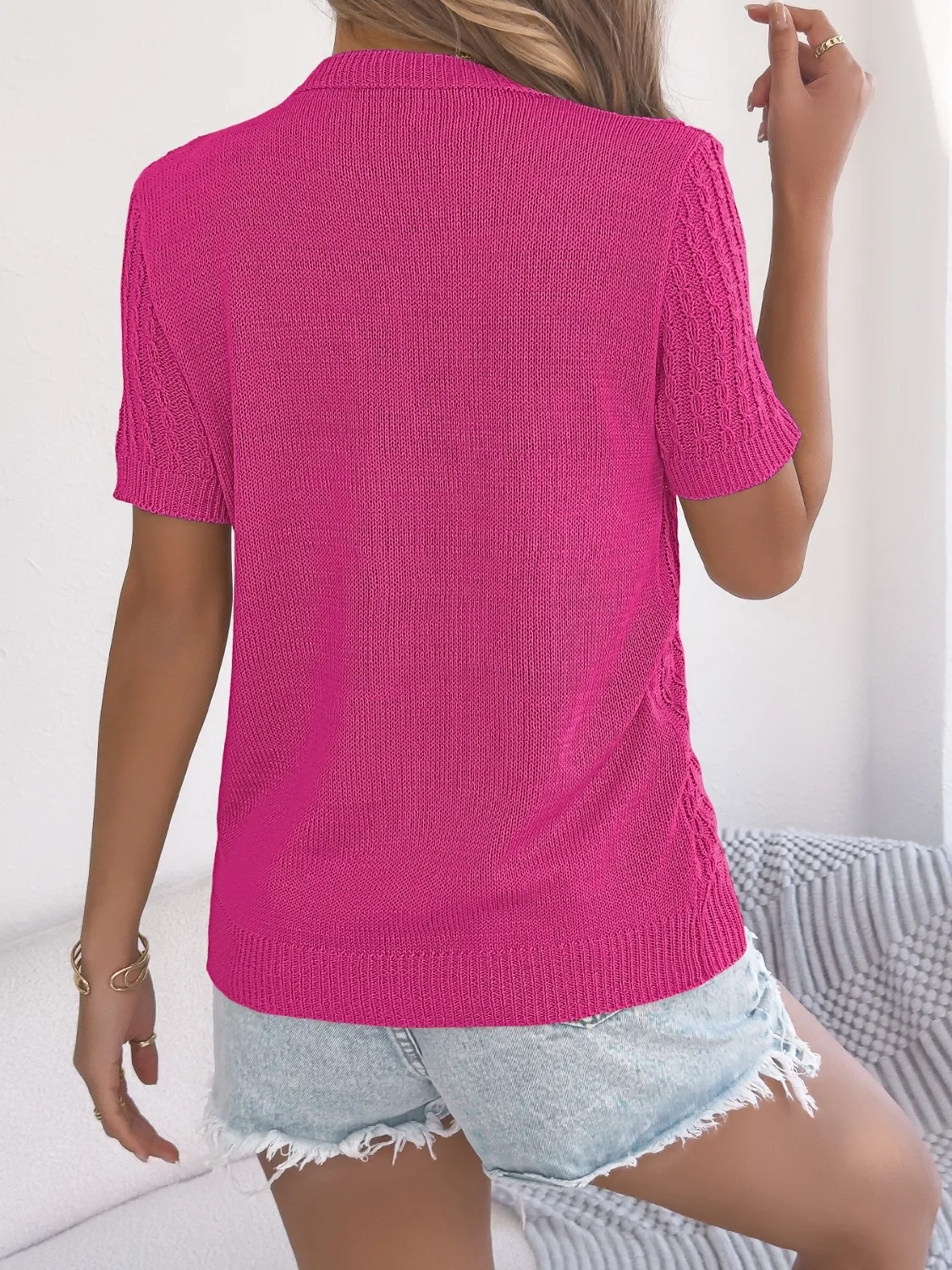 Cable Knit Button Down Short Sleeve Cardigan - Image 14