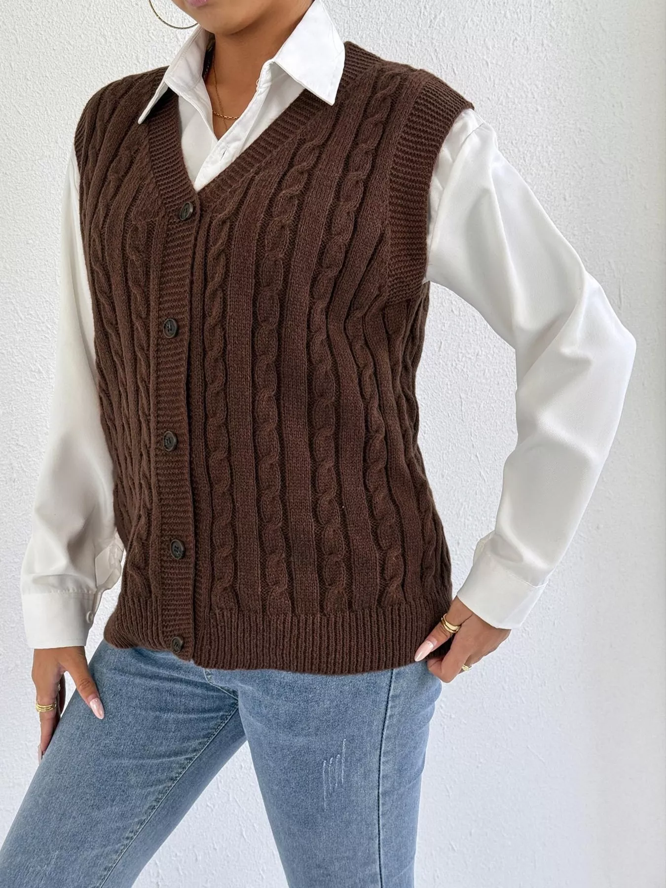 Cable-Knit Button-Up Sweater Vest - Image 3