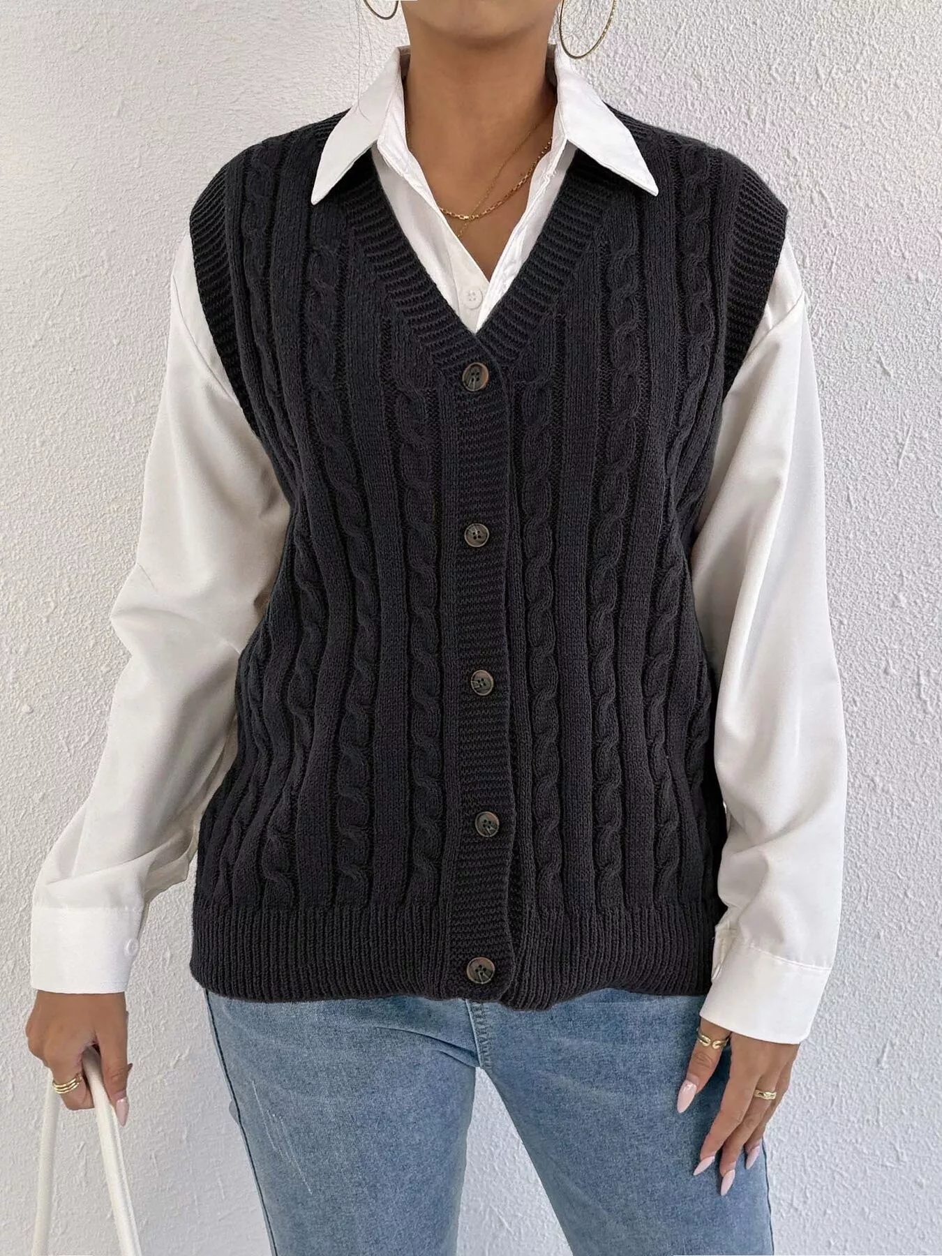 Cable-Knit Button-Up Sweater Vest - Image 7