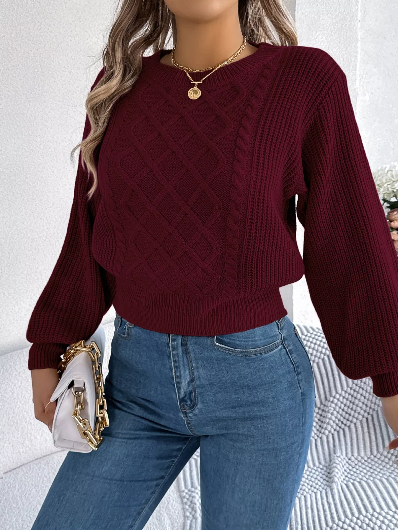 Cable Knit Diamond Pattern Long Sleeve Sweater - Image 13