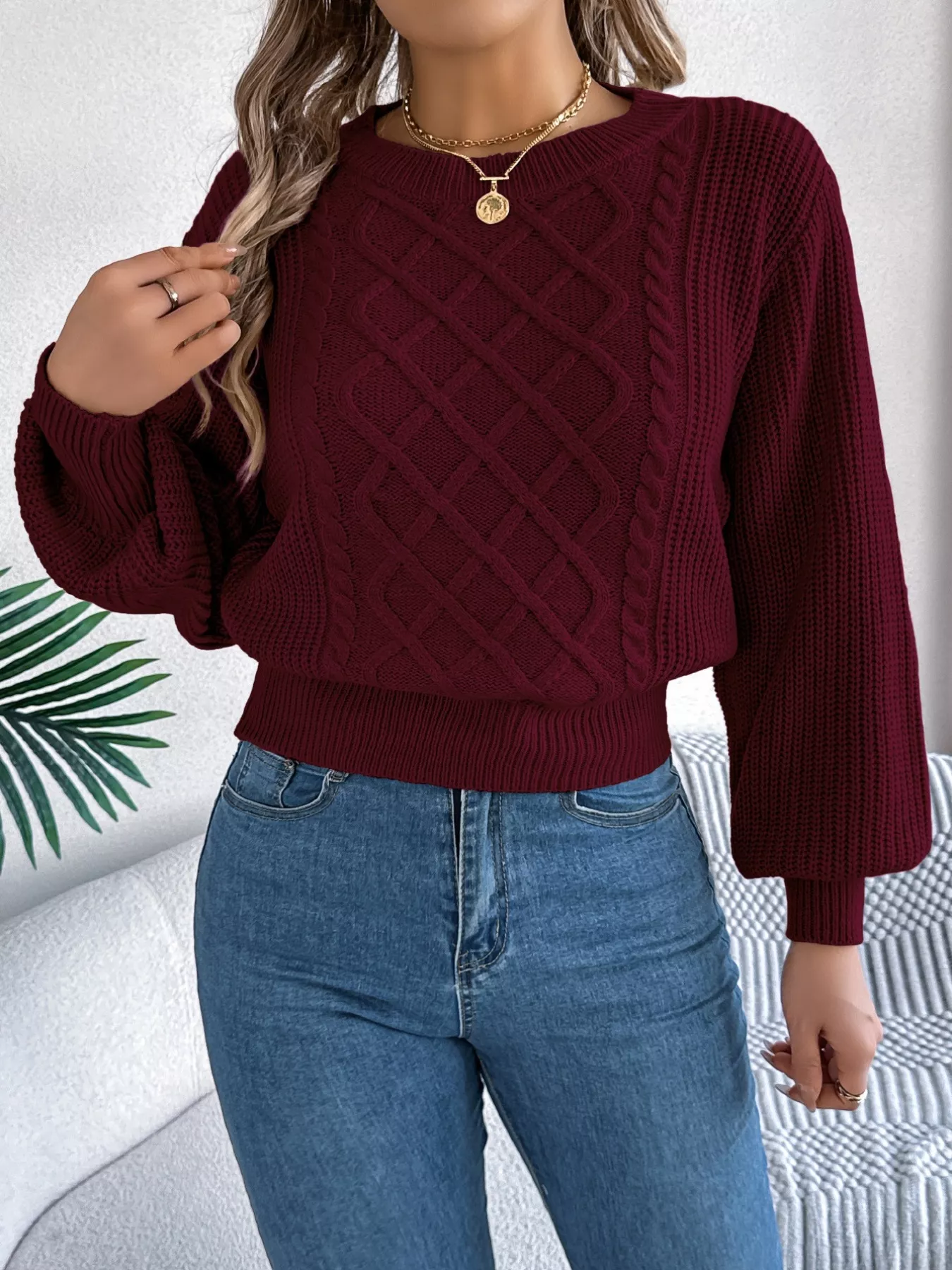 Cable Knit Diamond Pattern Long Sleeve Sweater - Image 15