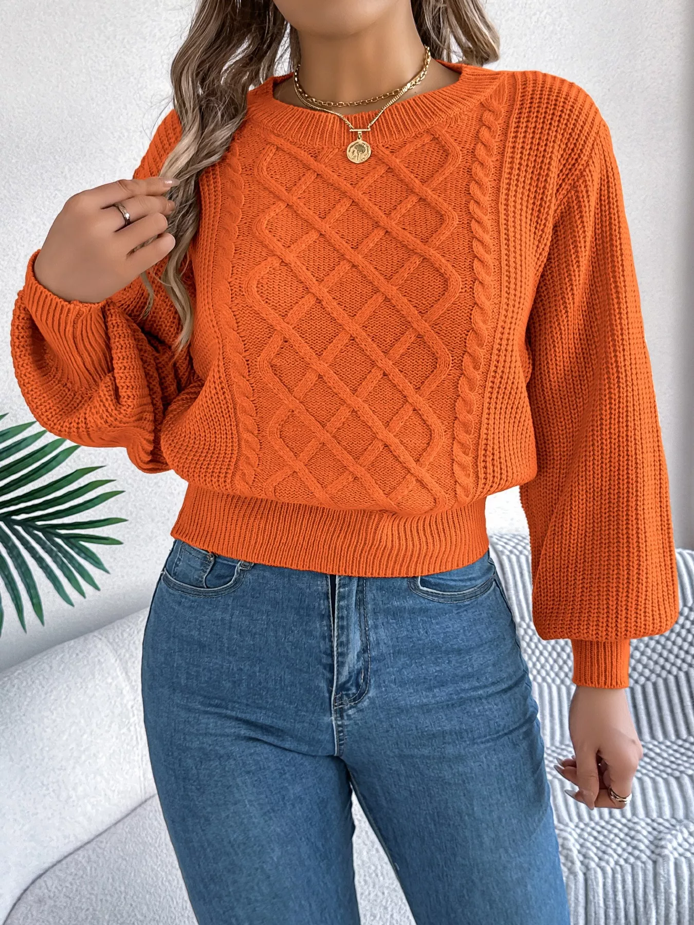 Cable Knit Diamond Pattern Long Sleeve Sweater - Image 3