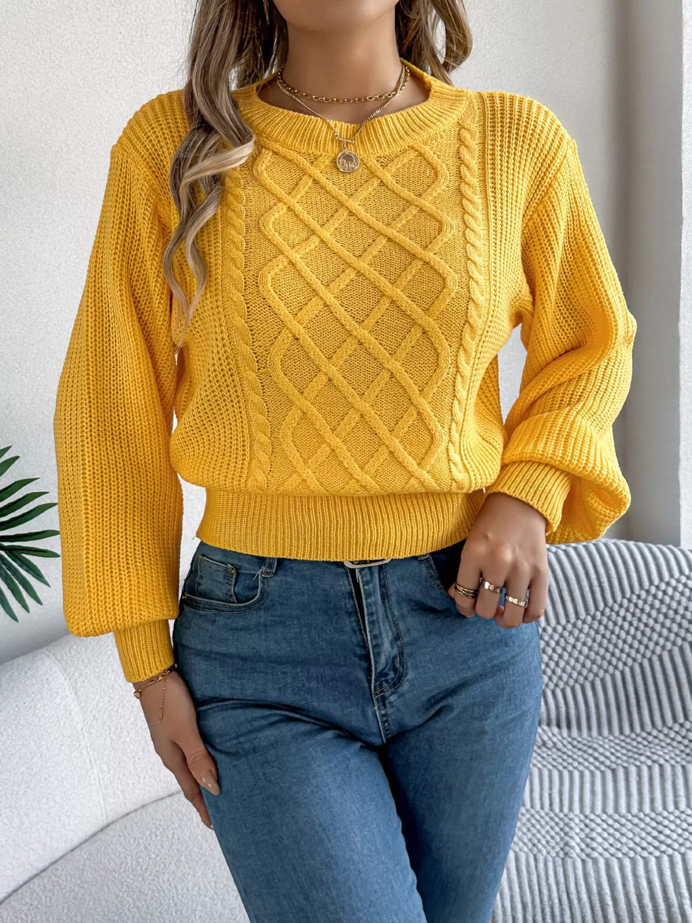 Cable Knit Diamond Pattern Long Sleeve Sweater - Image 6